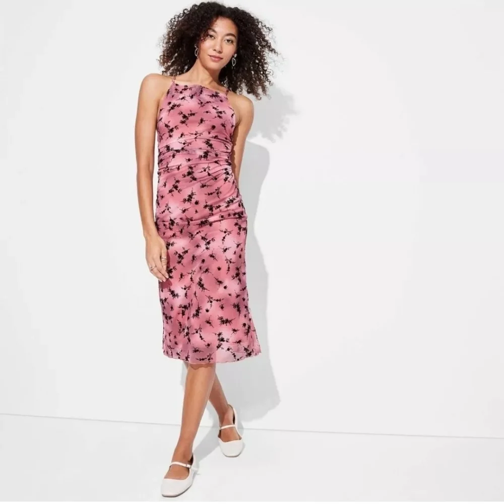 Women's Flocked Mesh Midi Slip Dress-Wild Fable Pink/Black Floral CrissCross XXL
